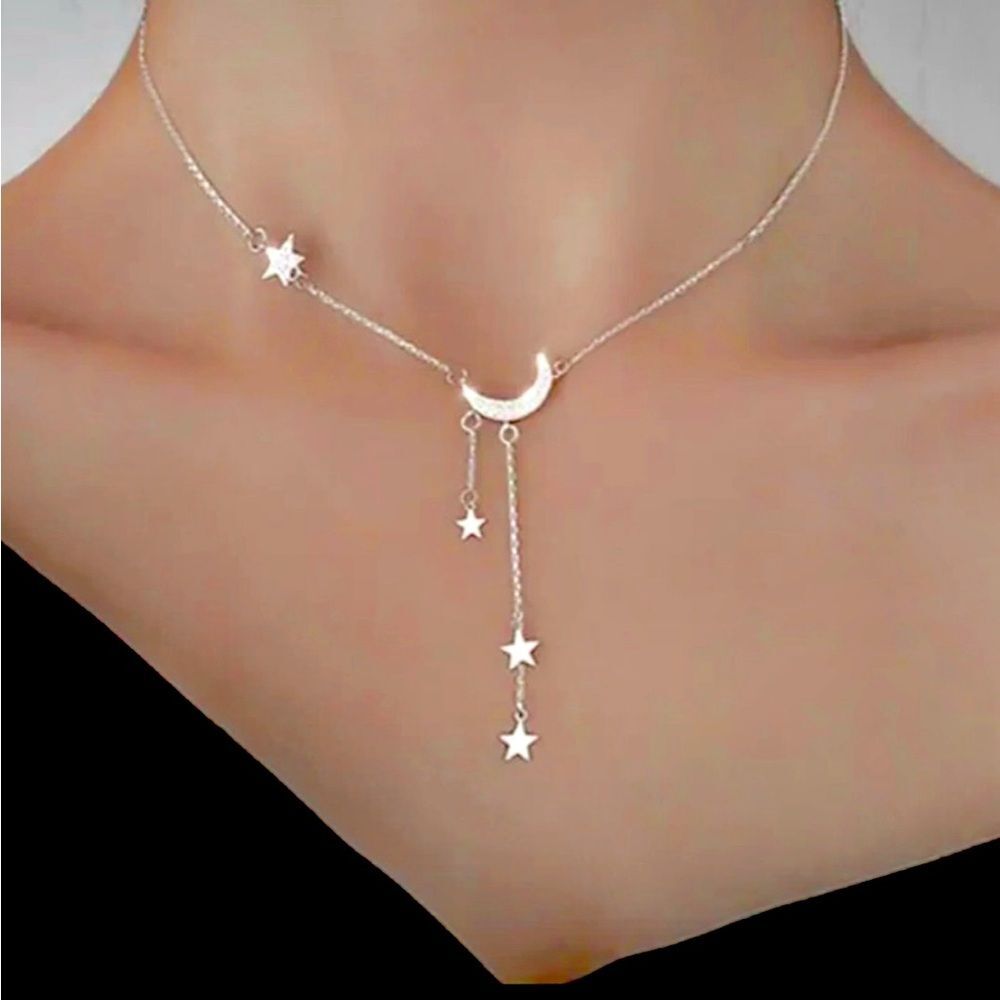 Moon and Stars necklace with rhinestones silver alloy pretty boho gift valentine